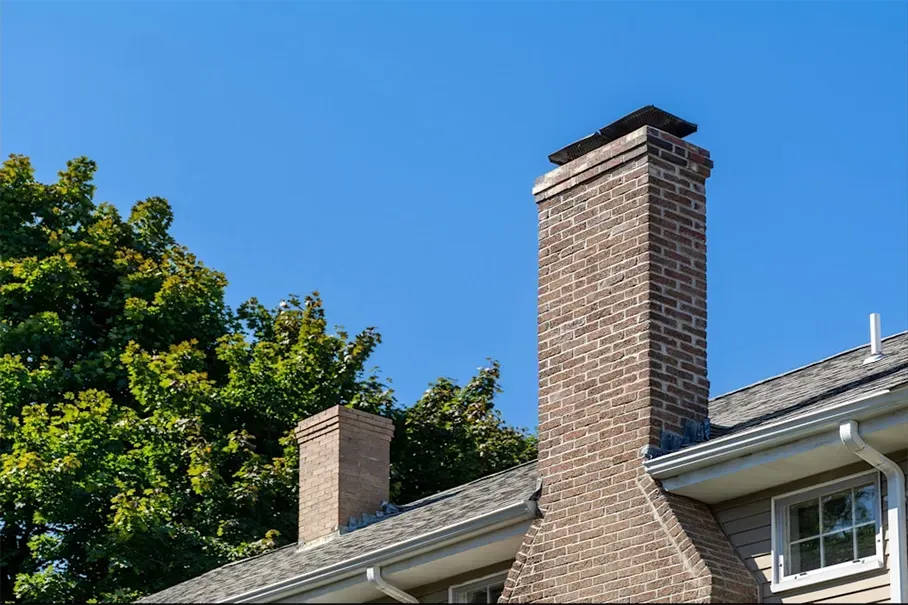 Brick chimney on a house roof beside a smaller chimney, framed by green trees under a clear blue sky