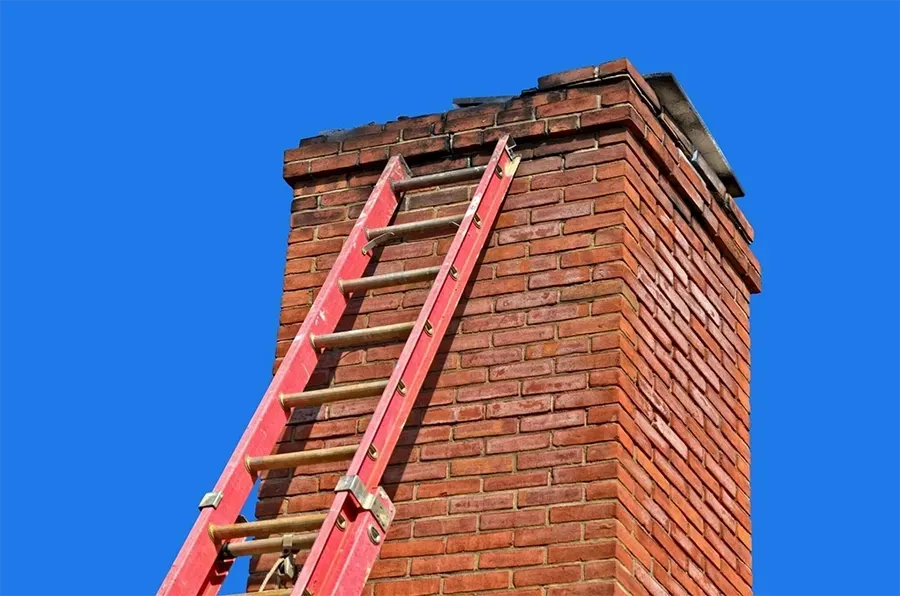 Red ladder leaning against a brick chimney against a bright blue sky