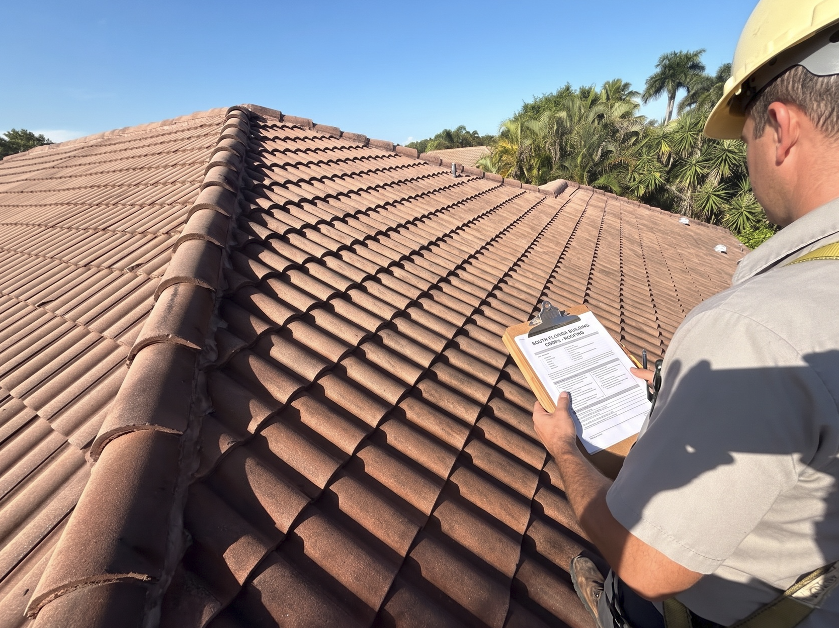 A man wearing a yellow hard hat holding a clipboard standing on a tile roof.
