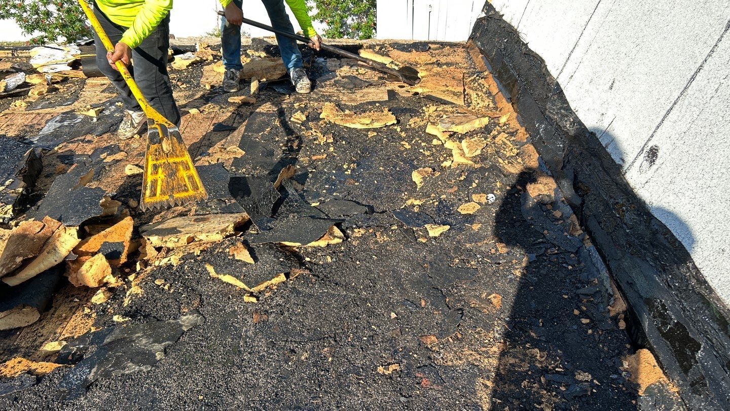 Old asphalt flat roof removal in progress by Nast Roofing