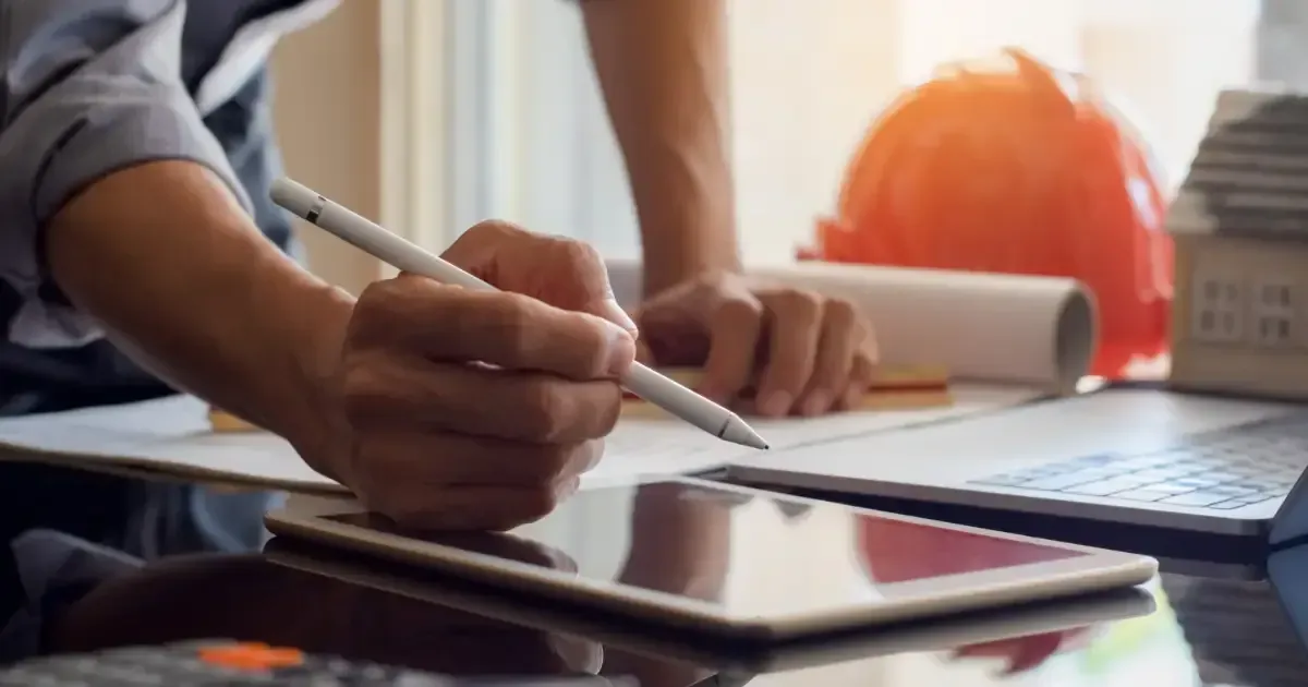 A man with rolled up sleeves leaning over a desk, e-signing home insurance documents on tablet.