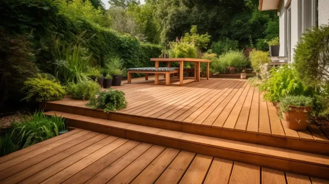 Modern multi-level wooden deck.