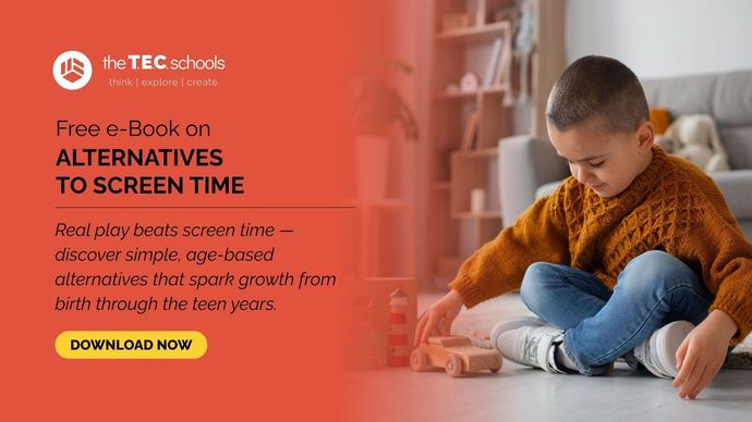 The TEC Schools ebook ad: compare daycare vs Montessori, with smiling child and “Download Now” button.
