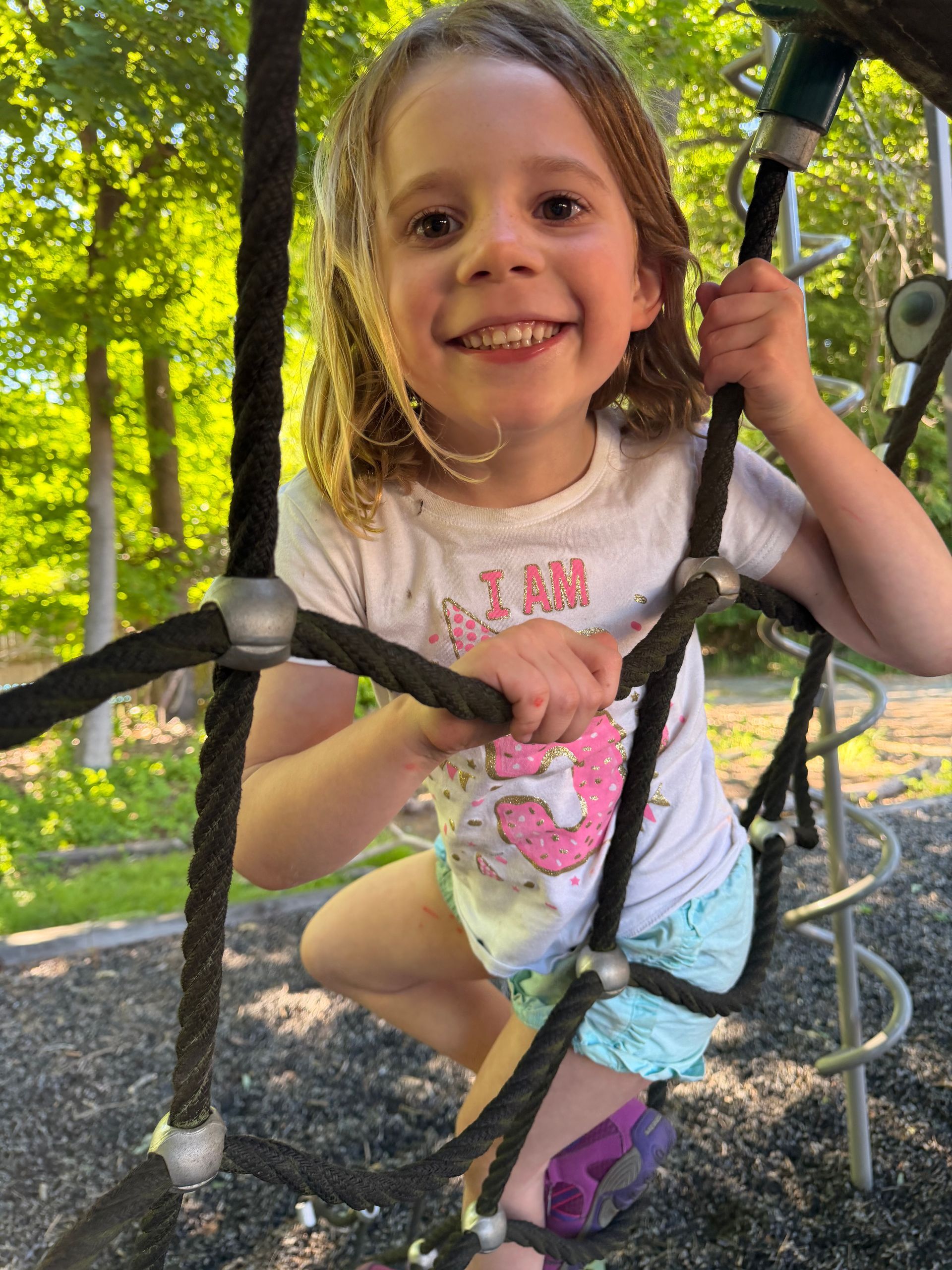Child climbing on playground rope ladder, smiling in a sunny park.