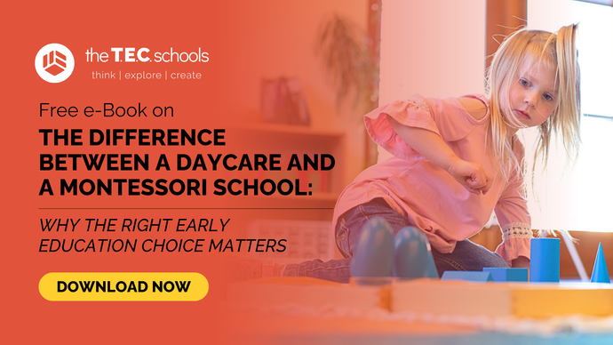 The TEC Schools ebook ad: compare daycare vs Montessori, with smiling child and “Download Now” button.
