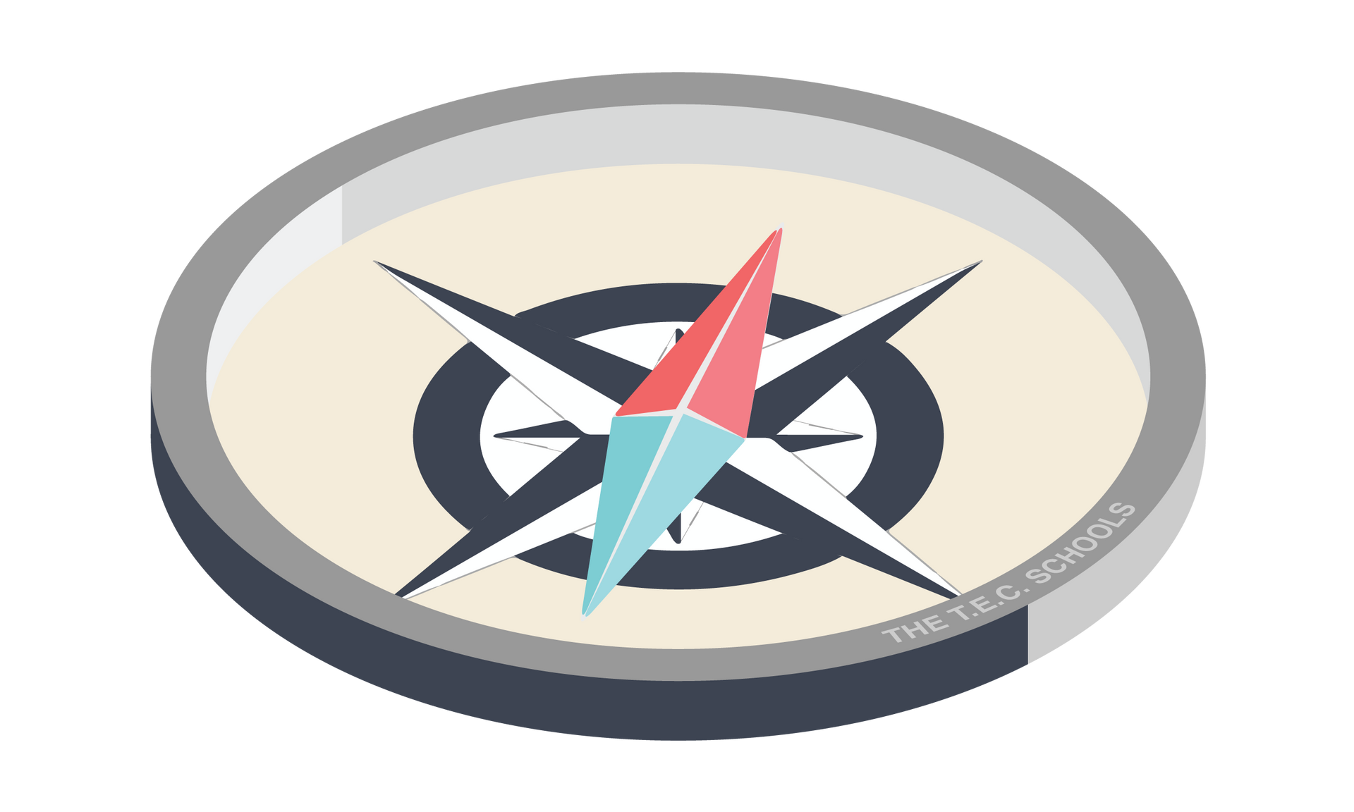 Oval compass emblem with a red and teal needle on a beige background