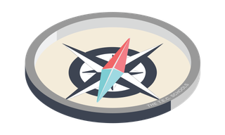 Oval compass logo with blue, red, and white needle on a beige background