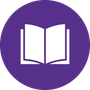White open book icon on a purple circular background