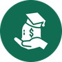 Green circle icon of a hand holding a money bag with a graduation cap and dollar sign, symbolizing student aid