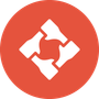 White interlocking puzzle pieces on an orange circle background, logo icon
