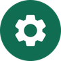 White gear icon inside a green circle on a white background