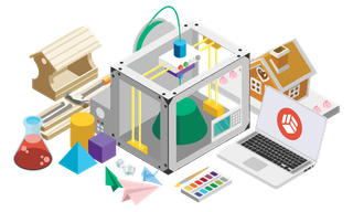 3D printer assembling colorful objects beside laptop and tools in a maker workspace