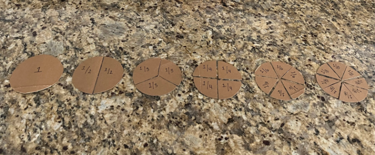 Six small brown leaf-shaped discs with etched lines, lined up on a speckled granite countertop.