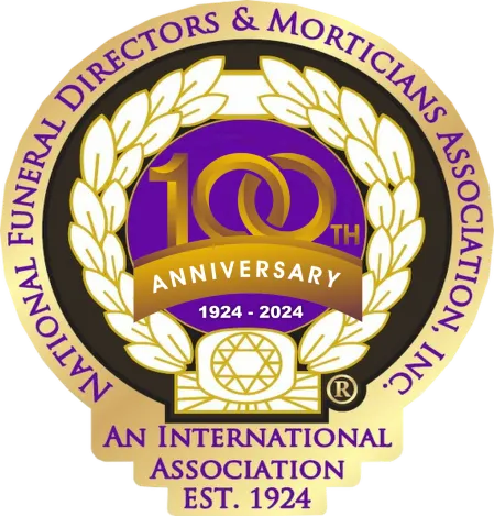 National Funeral Directors & Morticians Association 100th anniversary logo in gold, purple, and white