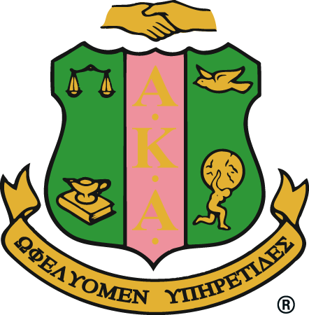 Greek crest with handshake, scales, book, dove, and Greek text in green, pink, and gold on white background