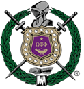 Crossed swords behind a purple shield with green laurel wreath and eagle crest
