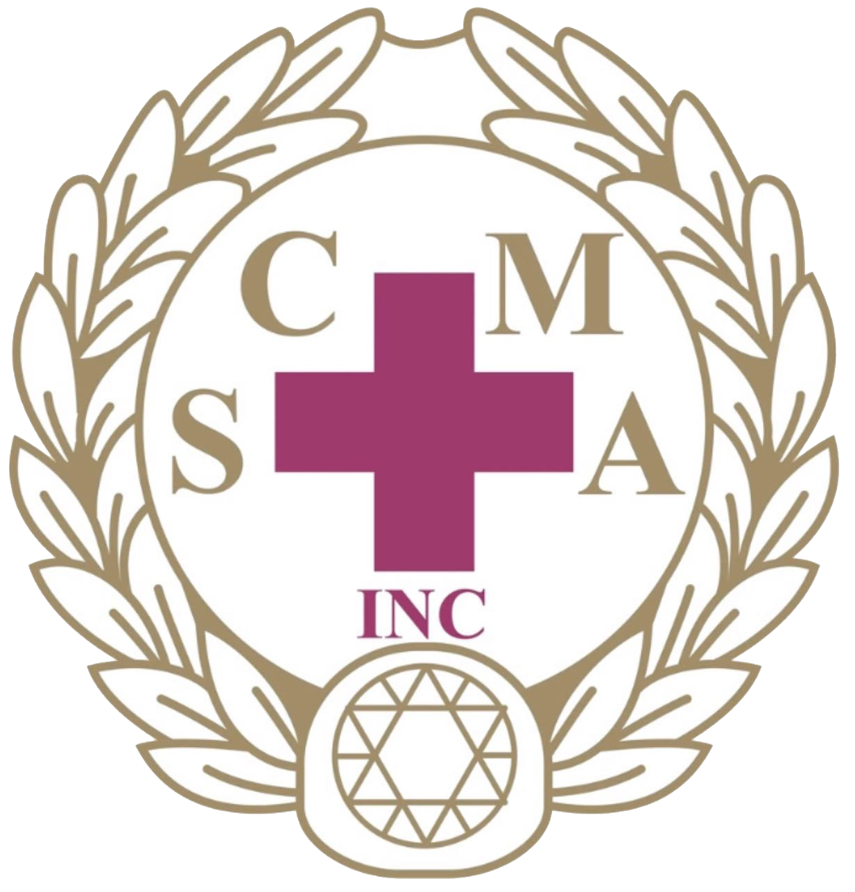 Gold laurel wreath around a magenta cross with letters C, M, S, A and “INC” below.