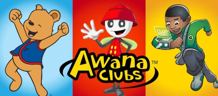 Characters and Awana Clubs logo on red, blue, and yellow backgrounds.