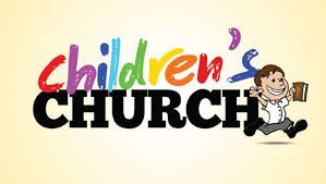 Children's Church logo with a cartoon boy holding a book running, with colorful 
