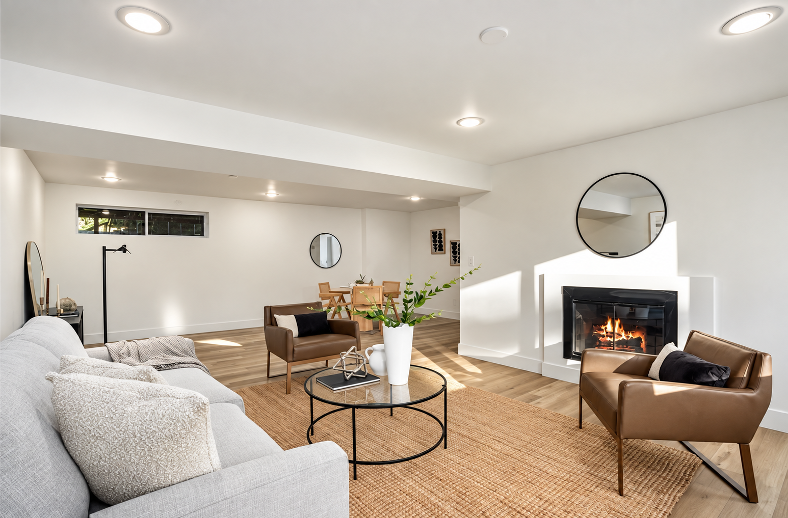 Bright living room with beige furniture, round mirror, fireplace, and woven rug
