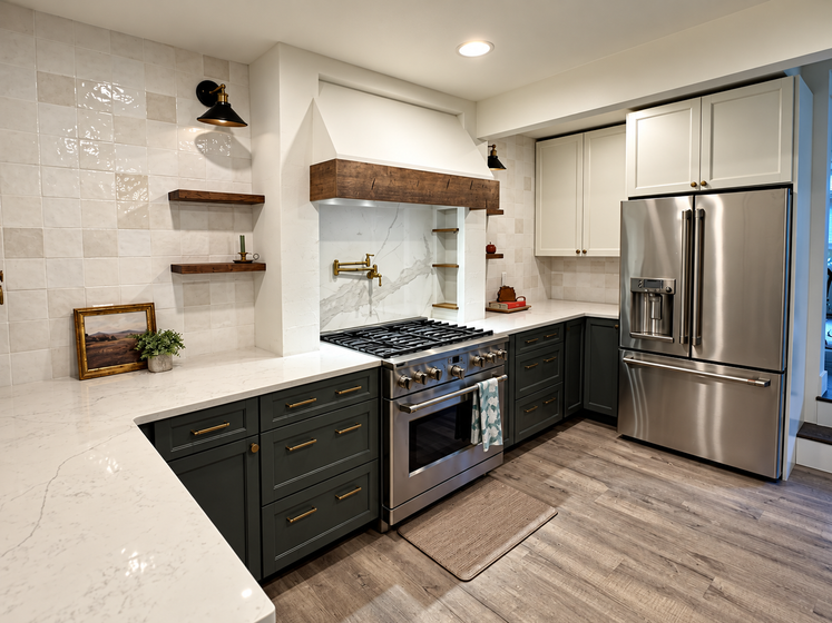 Modern kitchen with white tile backsplash, dark lower cabinets, stainless steel appliances, and wood-look floor