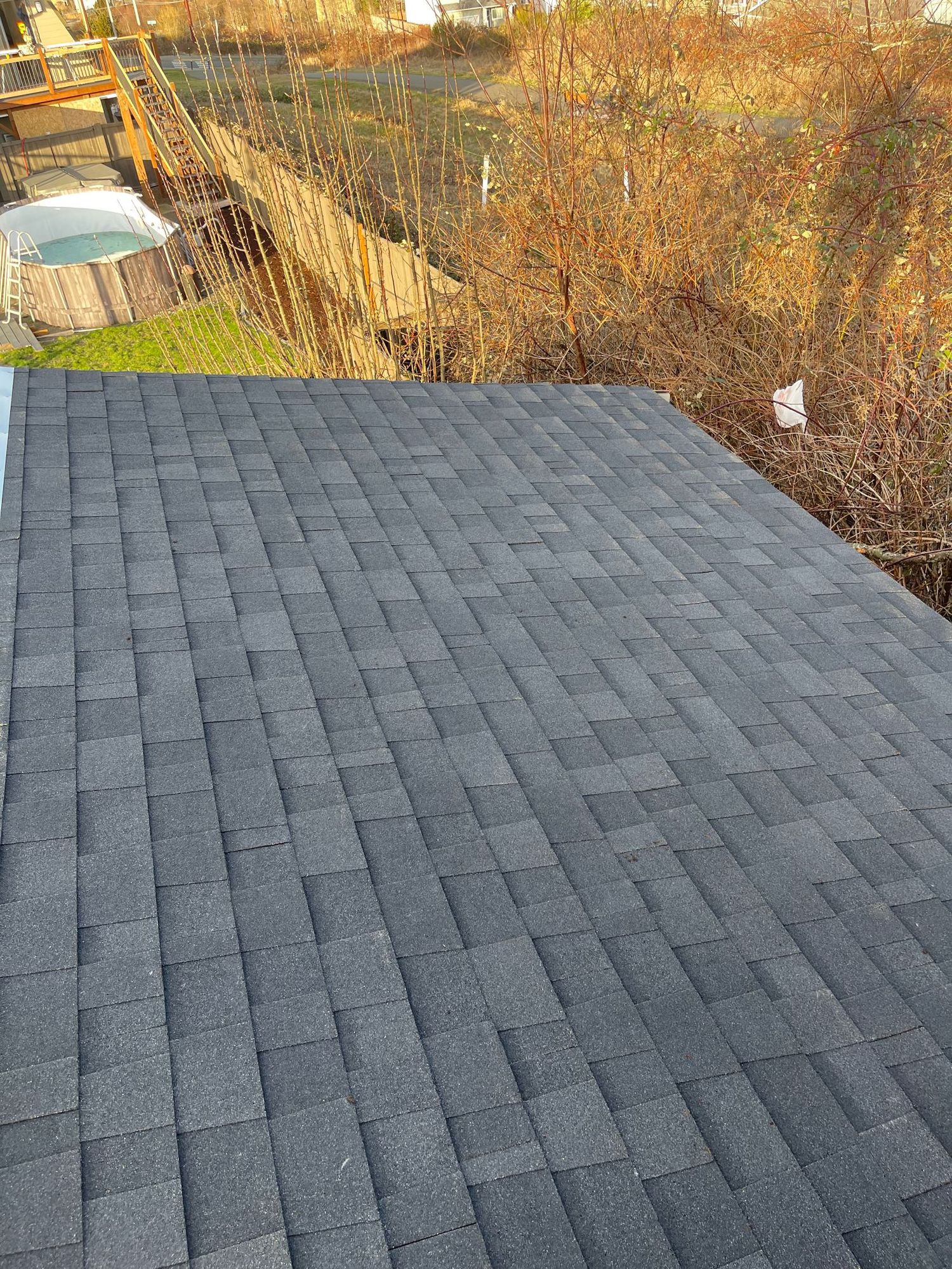 Dark gray shingled roof with a background of foliage and a water feature.
