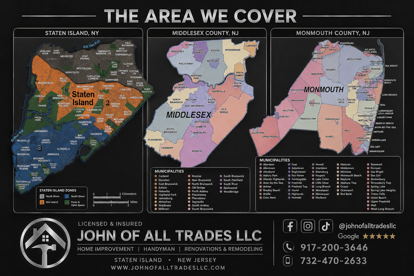 Service area map for John of All Trades LLC showing three colored coverage regions and contact info.