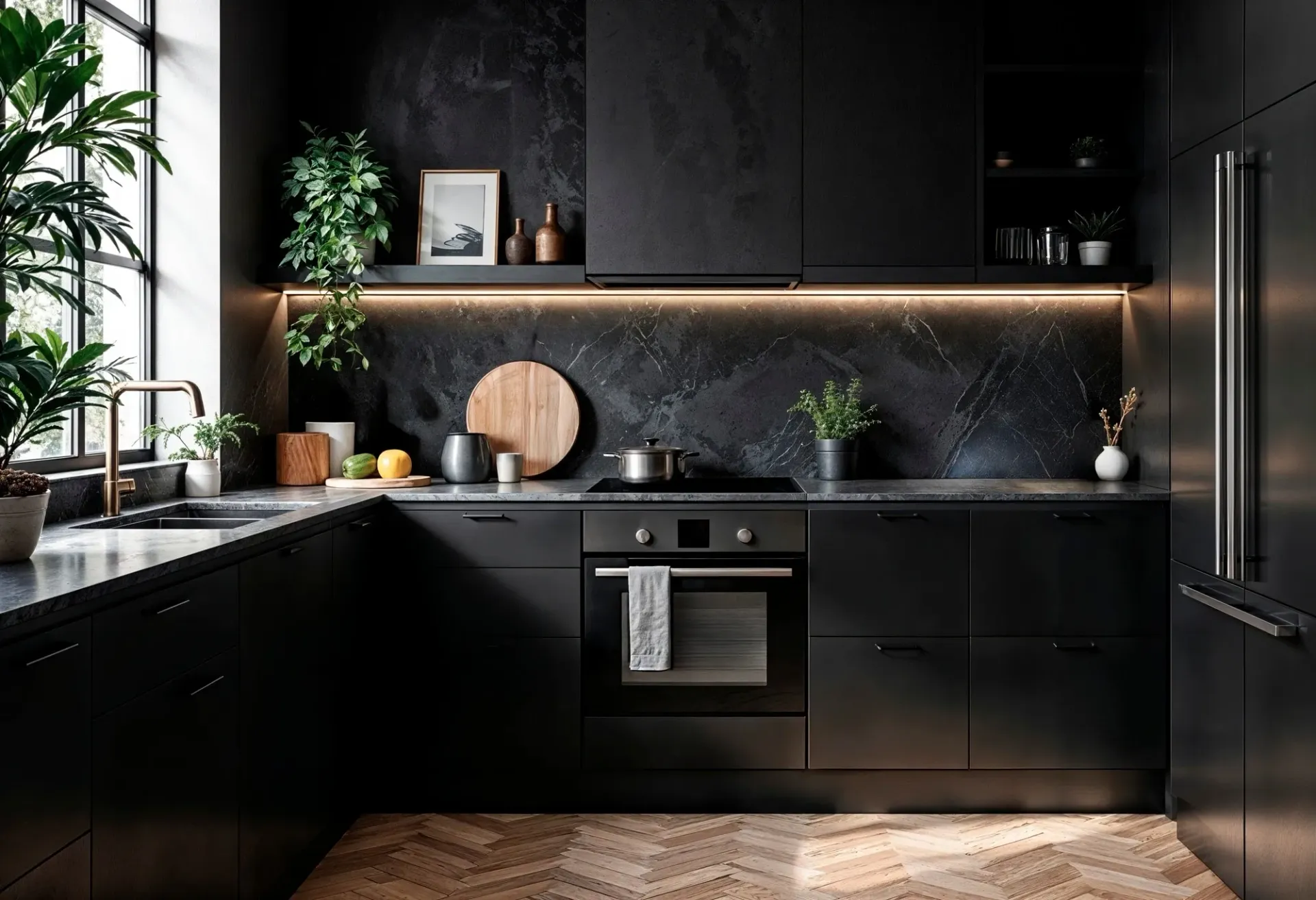 Modern black kitchen with matte cabinets, wood accents, and plants by a bright window.