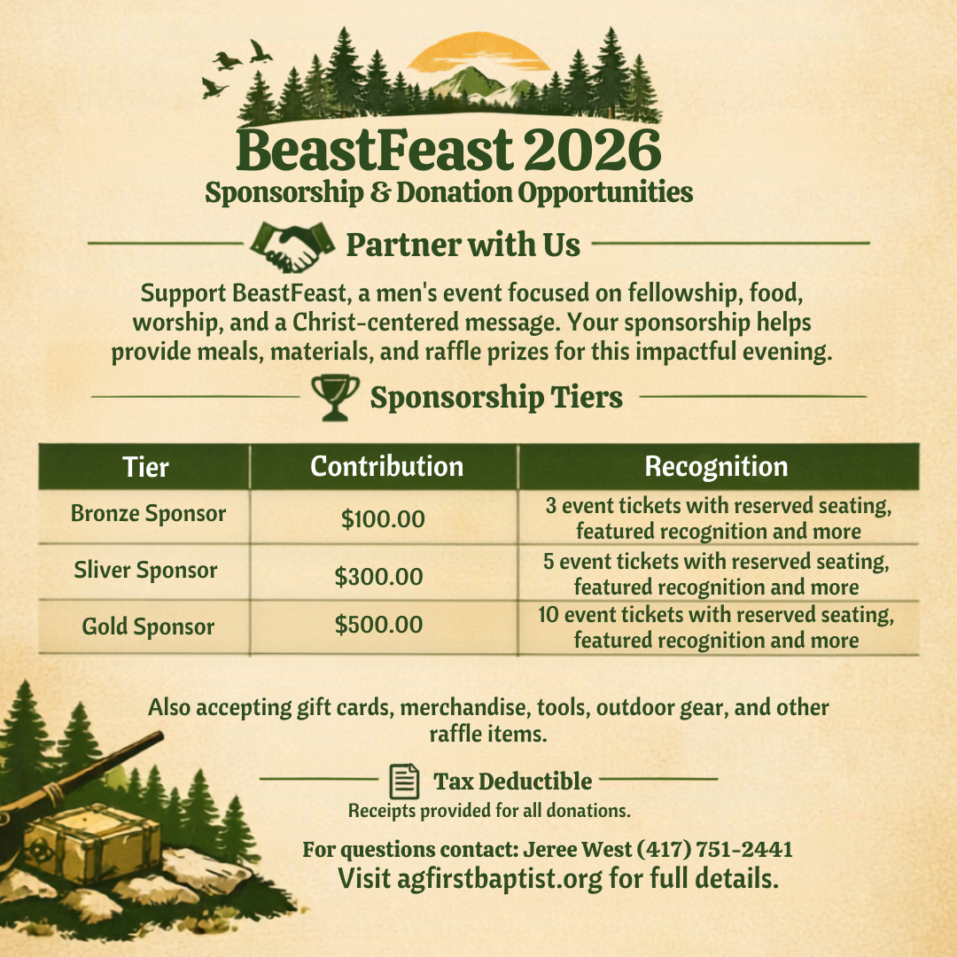 BeastFeast 2026 sponsorship flyer with forest sunset, tier table, and event details for animal opportunity support