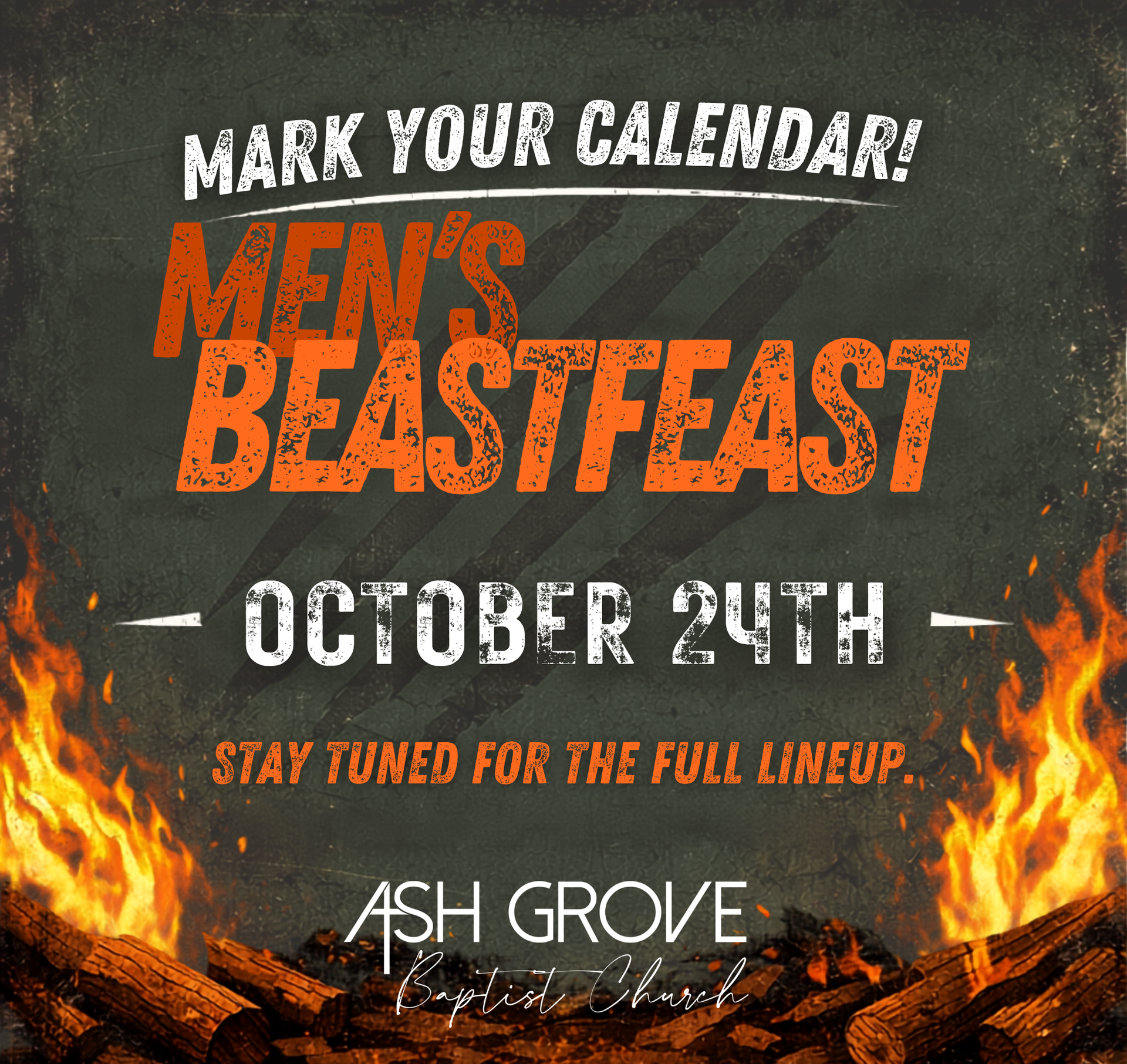 Promotional poster for Men’s Beast Feast on October 24th at Ash Grove, with flames and black-orange text.