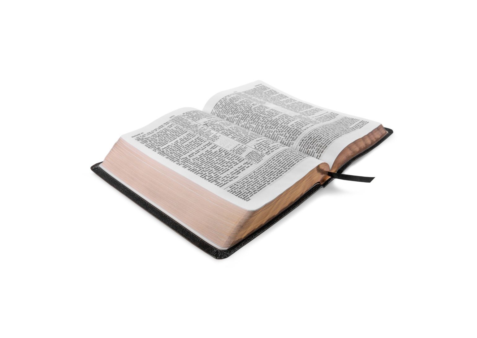 Open Bible with gold-edged pages on a white background. Dark leather cover and black ribbon bookmark.