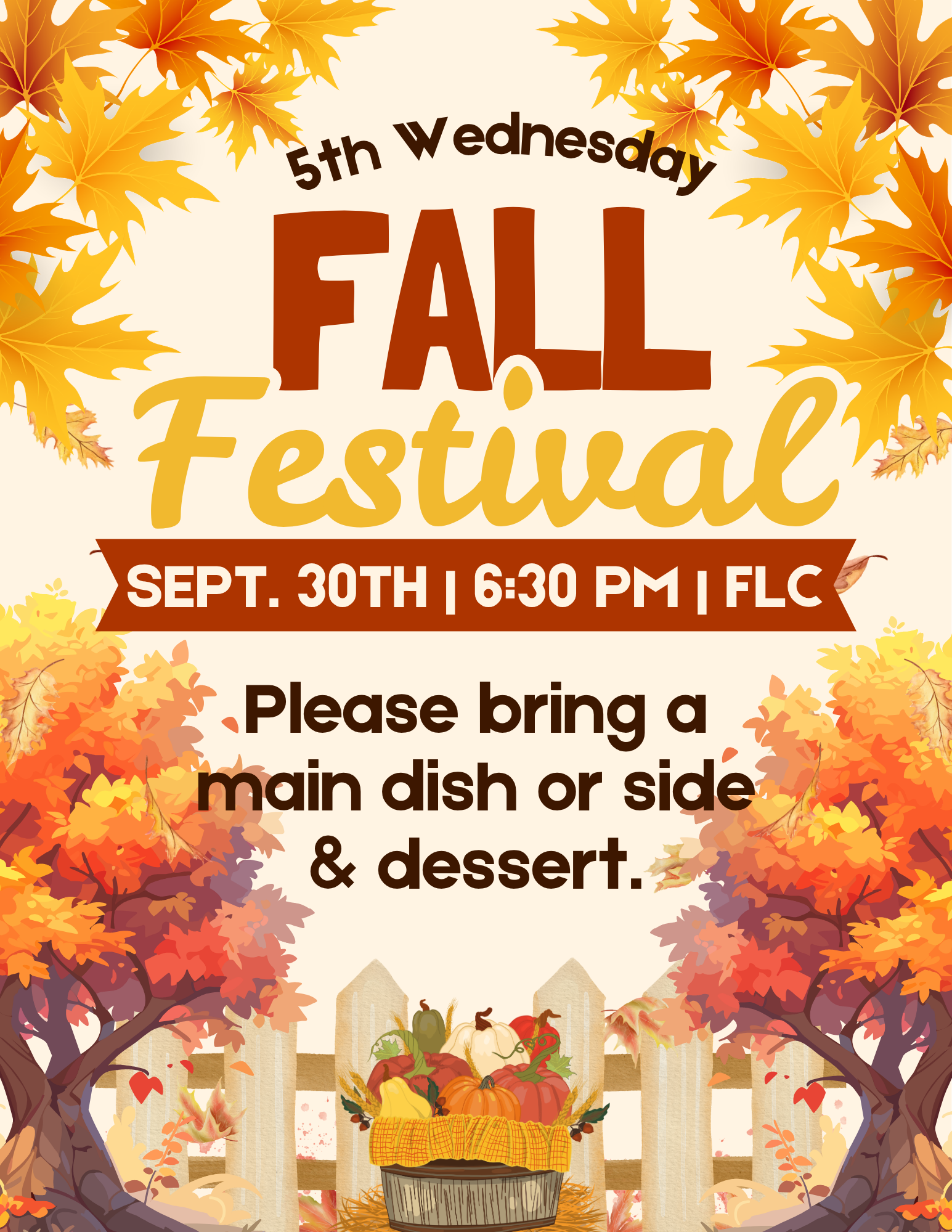 Fall Festival poster with autumn leaves: Sept. 30 at 6:30 PM in FLC; bring a main dish, side, and dessert.