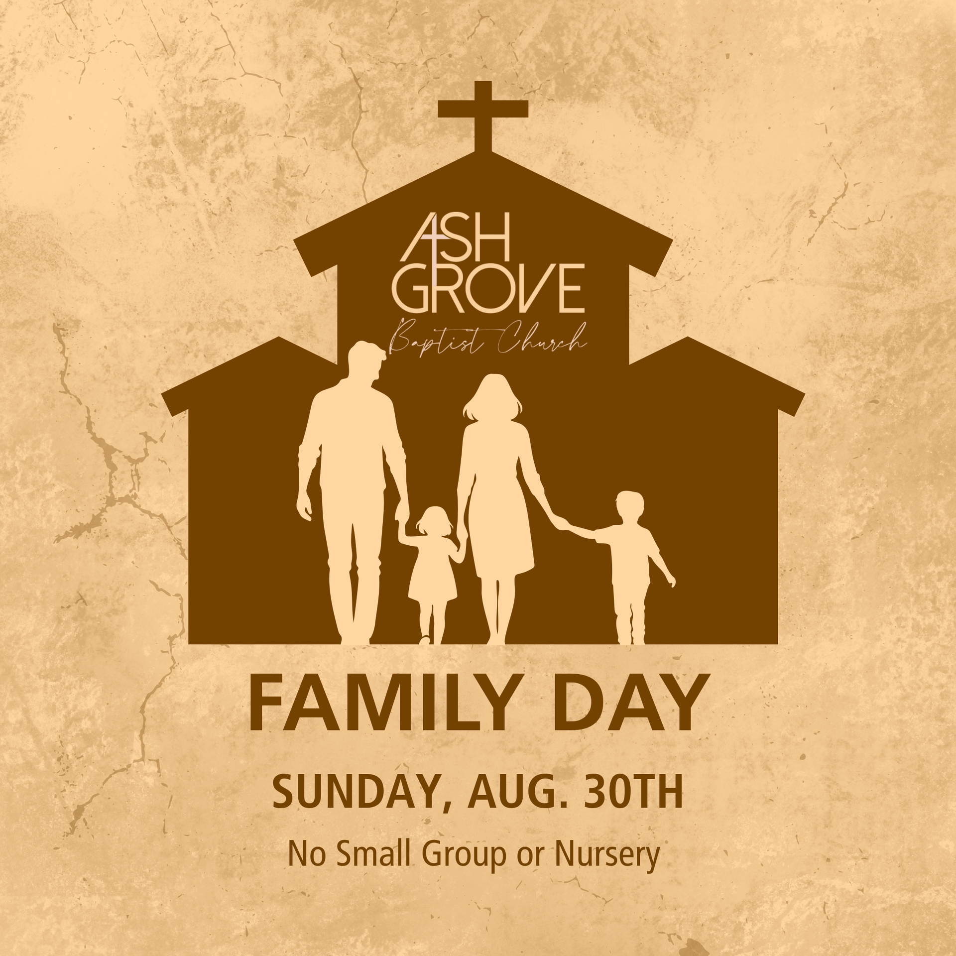 Ash Grove church Family Day flyer with family silhouettes, Sunday Aug. 30th, no small group or nursery