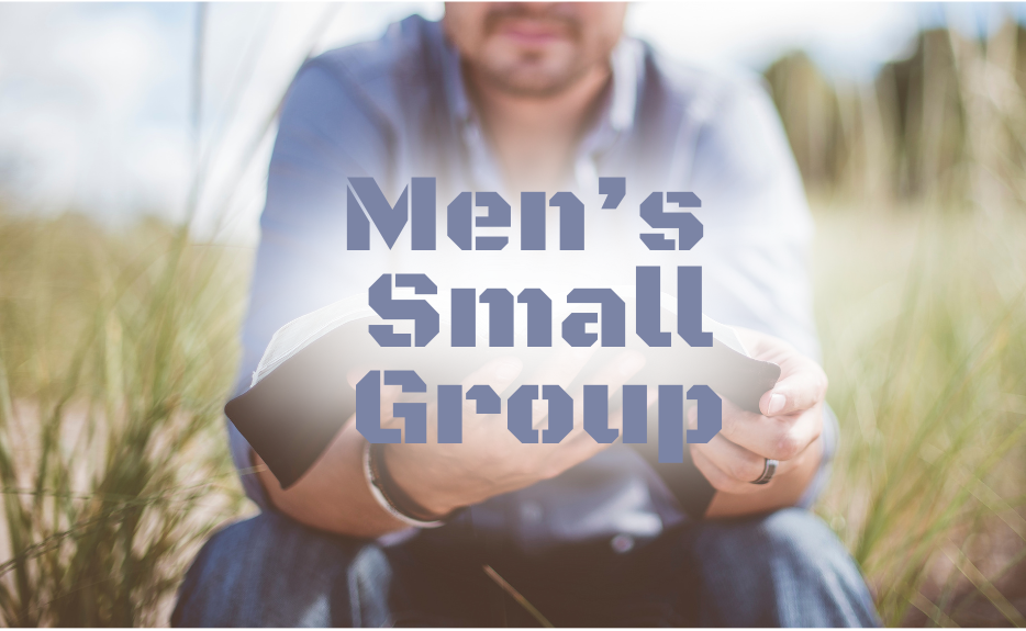 A man is sitting in the grass with the words men 's small group written above him