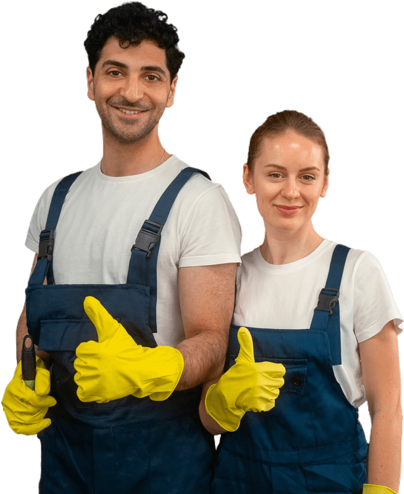 A man and a woman are standing next to each other and giving a thumbs up.