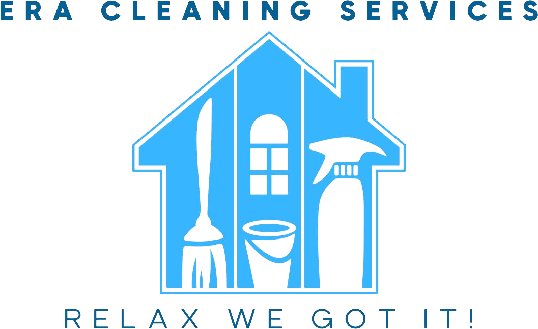 A blue and white logo for era cleaning services