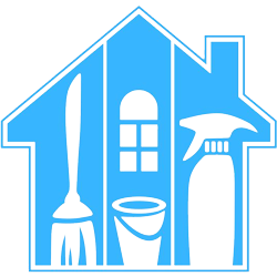 A blue house with cleaning supplies inside of it