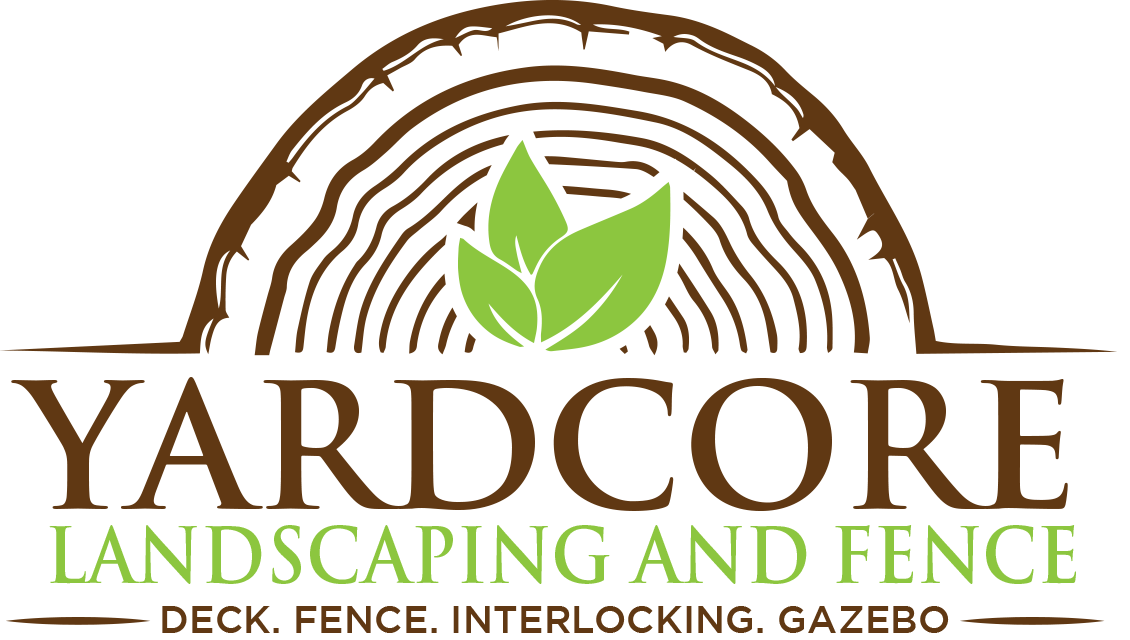 The logo for yardcore landscaping and fence shows a tree stump with a green leaf on it.