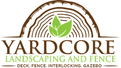 The logo for yardcore landscaping and fence shows a tree stump with a green leaf on it.