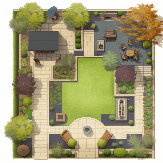 Overhead view of a modern garden layout with a lawn, patios, seating areas, trees, and decorative landscaping.