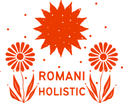 A logo for romani holistic with flowers and leaves