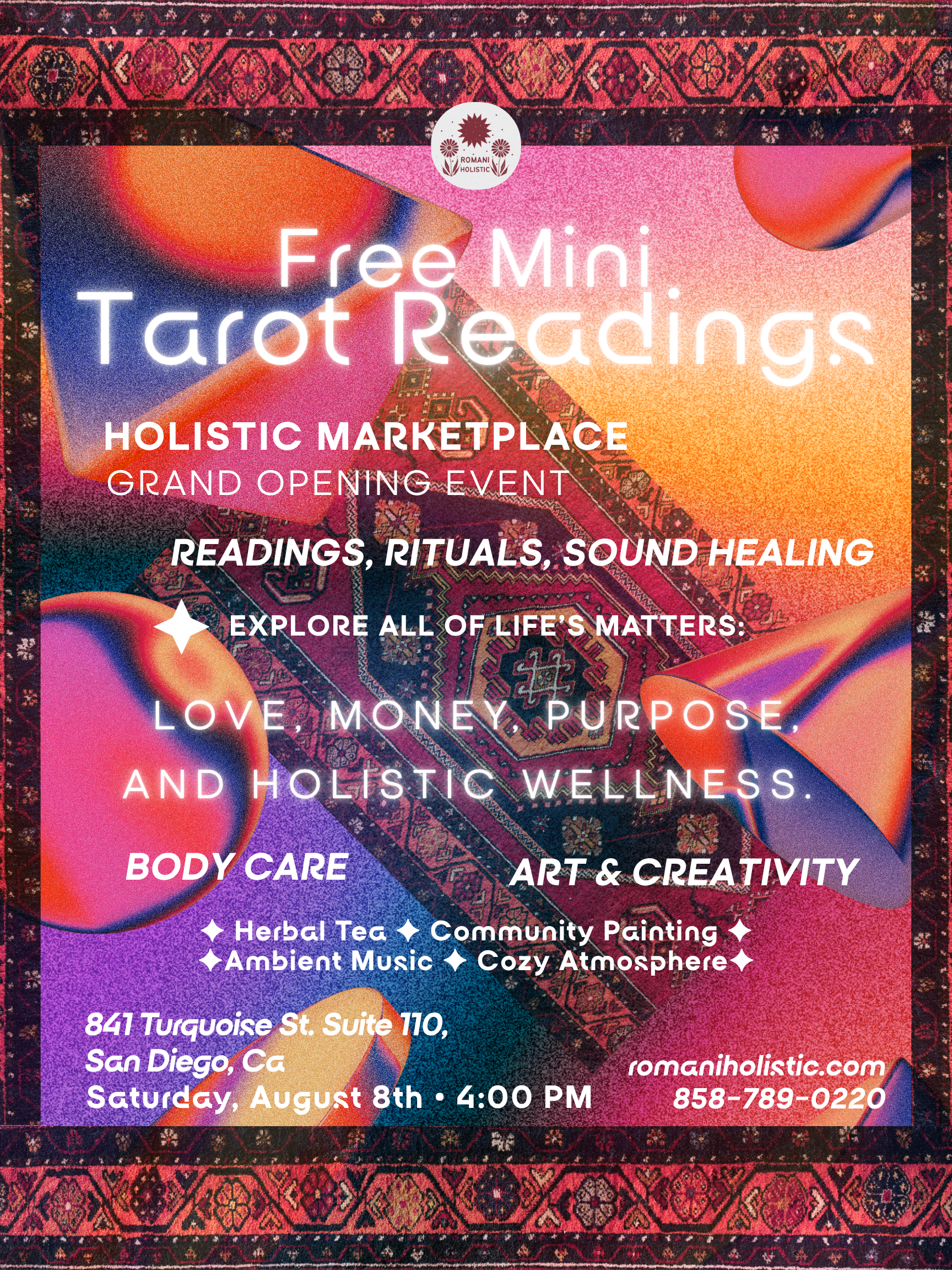Flyer for free mini tarot readings at Holistic Marketplace, with purple-orange cosmic background and event details