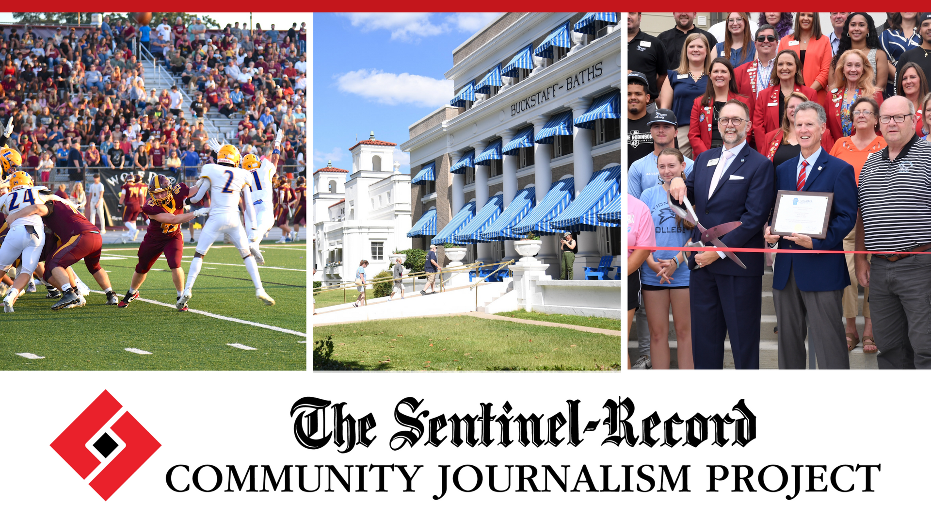 Collage of football, a building with blue awnings, and a ribbon-cutting ceremony for The Sentinel-Record project.