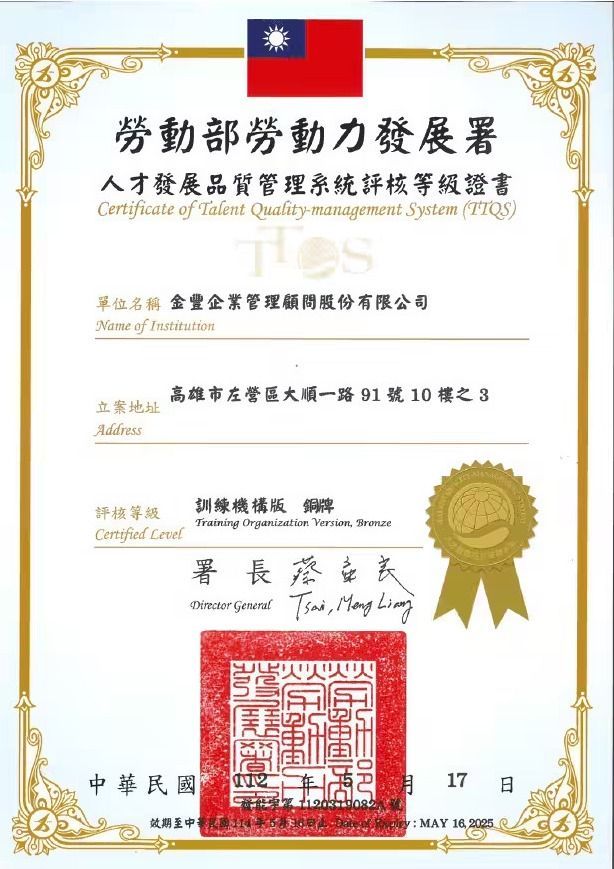 勞動部 人才發展品管評核等級證書