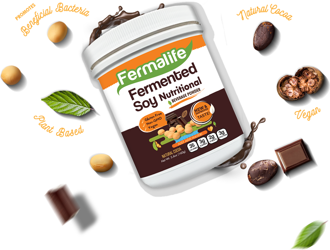 A bottle of fermented soy nutritional powder is surrounded by chocolate and nuts.