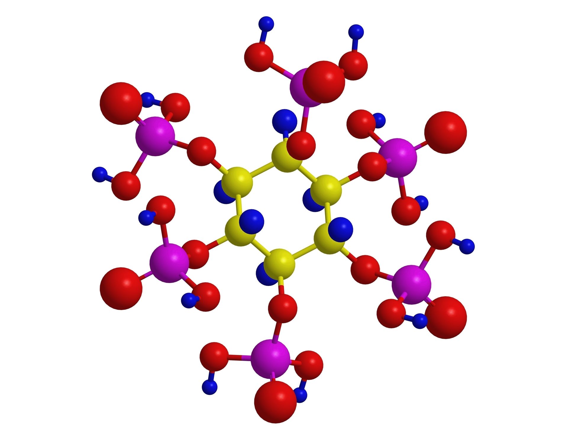 A 3d model of a molecule with red yellow and purple balls