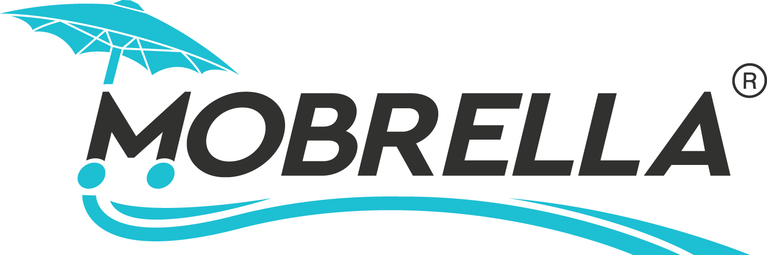 The logo for mobrella is a blue umbrella with a wave coming out of it.