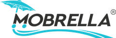 The logo for mobrella is a blue umbrella with a wave coming out of it.