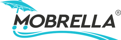 The logo for mobrella is a blue umbrella with a wave coming out of it.