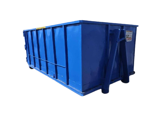 A blue dumpster awaiting rental.
